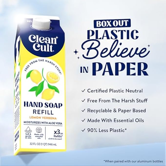 Cleancult LIQUID HAND SOAP REFILLS (32OZ, 1 PACK) - HAND SOAP THAT NOURISHES & MOISTURIZES - LIQUID SOAP FREE OF HARSH CHEMICALS - PAPER BASED ECO REFILL, USES 90% LESS PLASTIC - LEMON VERBENA - Image 2
